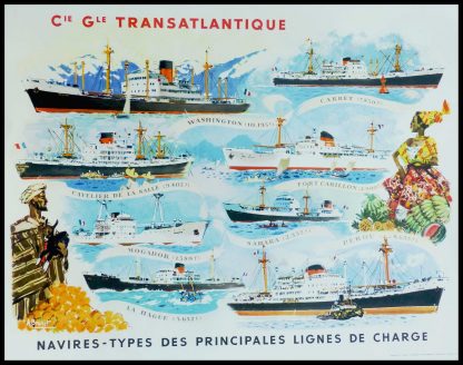 (alt="Affiche ancienne de voyage, Cie Gle Transatlantique, 1950. Réalisée par A.Brenet et imprimée par Beuchet & Vanden Brugge")