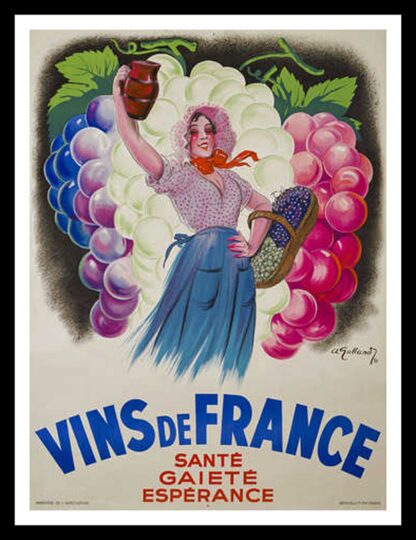 André GALLAND affiche originale publicitaire - Vins de France Santé Gaieté Espérance, 1937