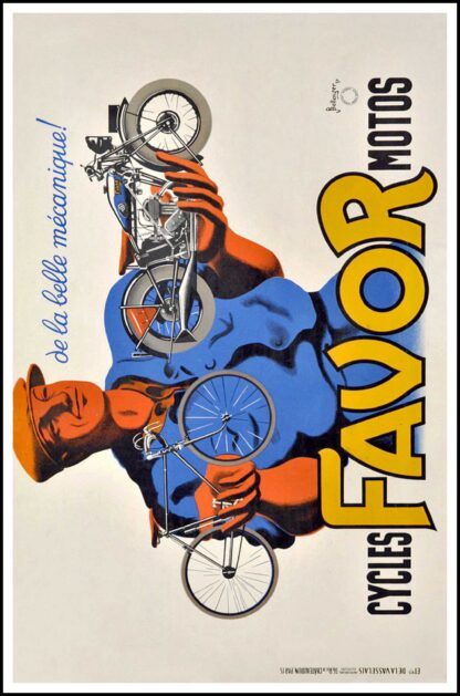 BELLENGER :  affiche ancienne originale publicitaire - Cycles motos FAVOR de la belle mécanique, 1937